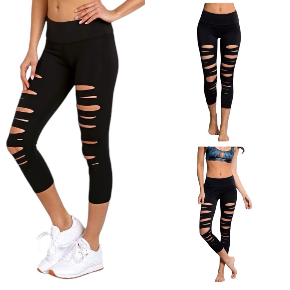 Onzie Shredded Capri’s Black Cut Out Low Rise Cropped Midi Length Women’…